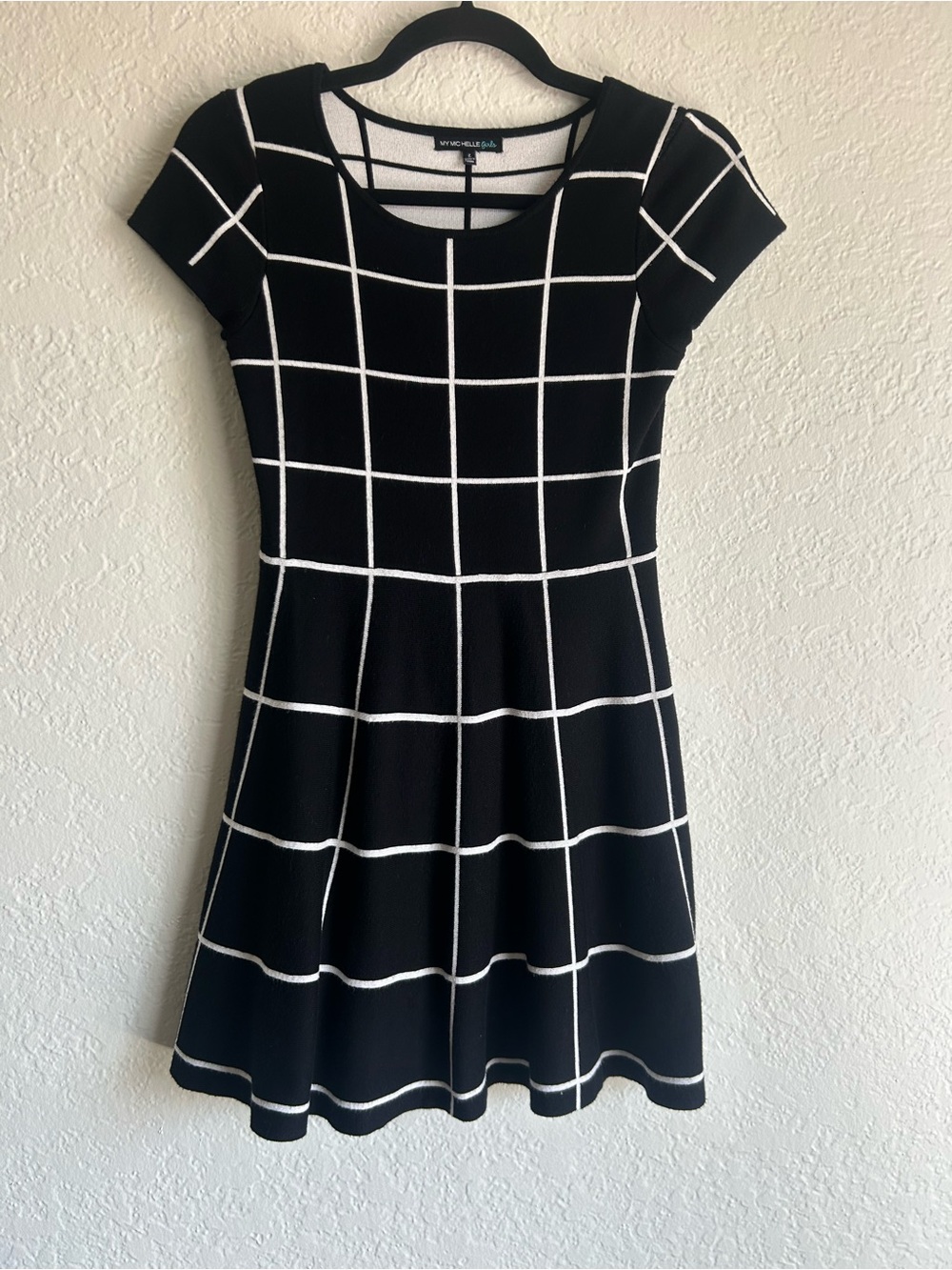 My Michelle Girls Black & White Windowpane Fit-and-Flare Mini Dress